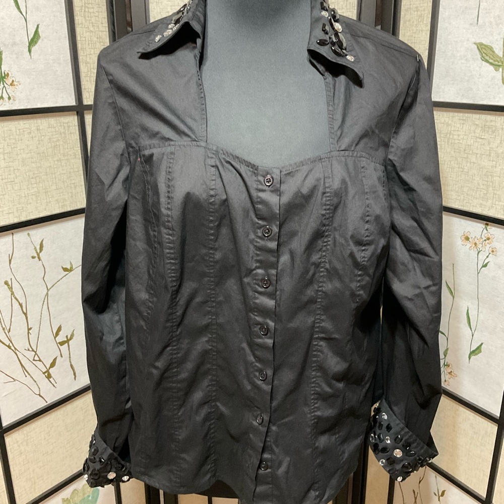 Lane Bryant Elegant Black Button-Up Women's Top with Stone Embellishment